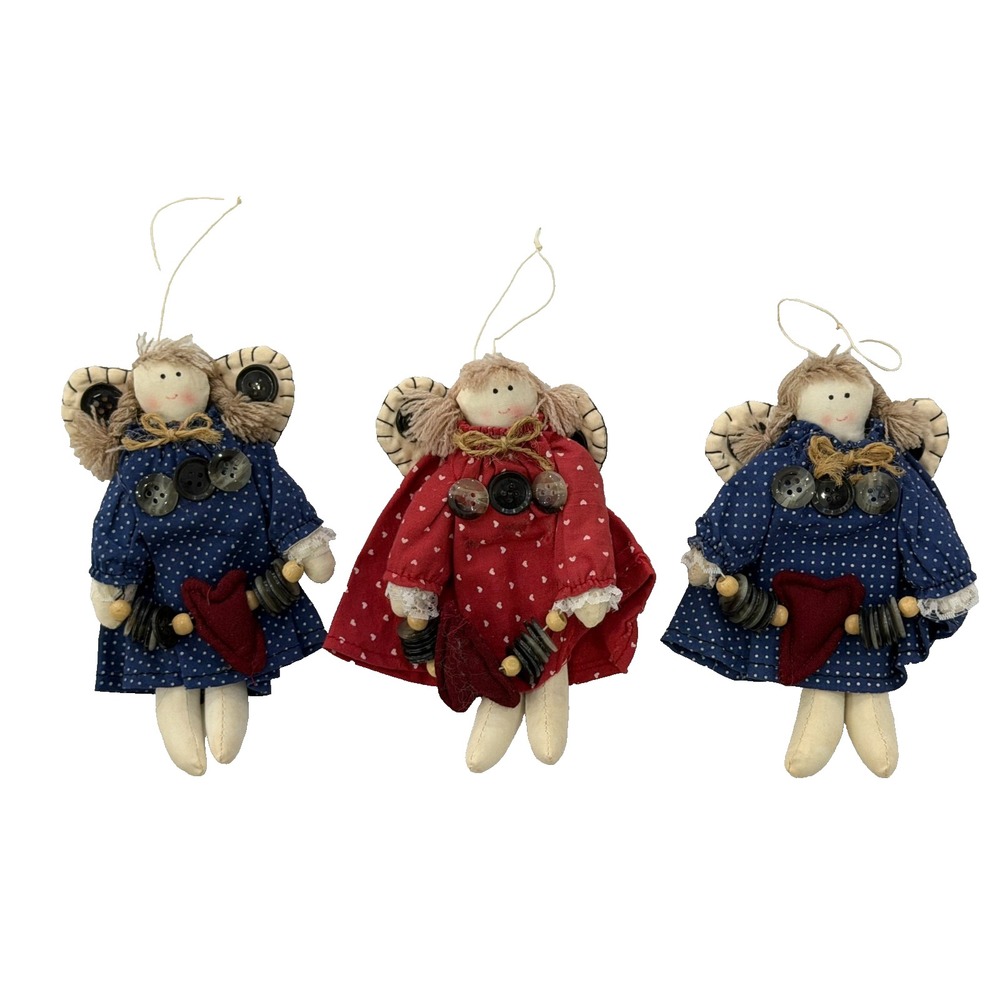 Vintage Fabric Angel Ornaments Set of 3 Christmas Plush Stuffed Country Décor